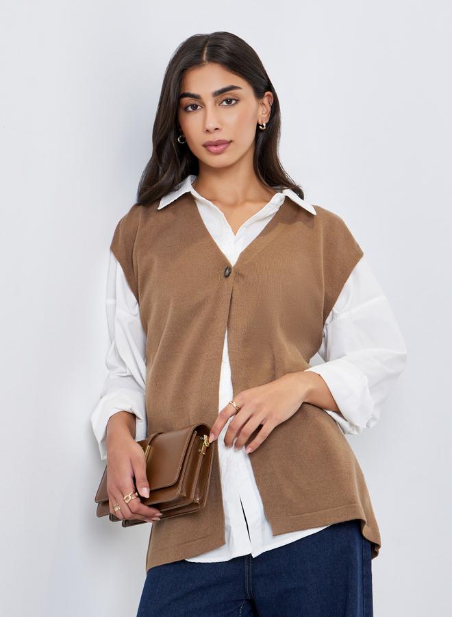 Styli Khaki Sleeveless Knit Top with Button - Image 1