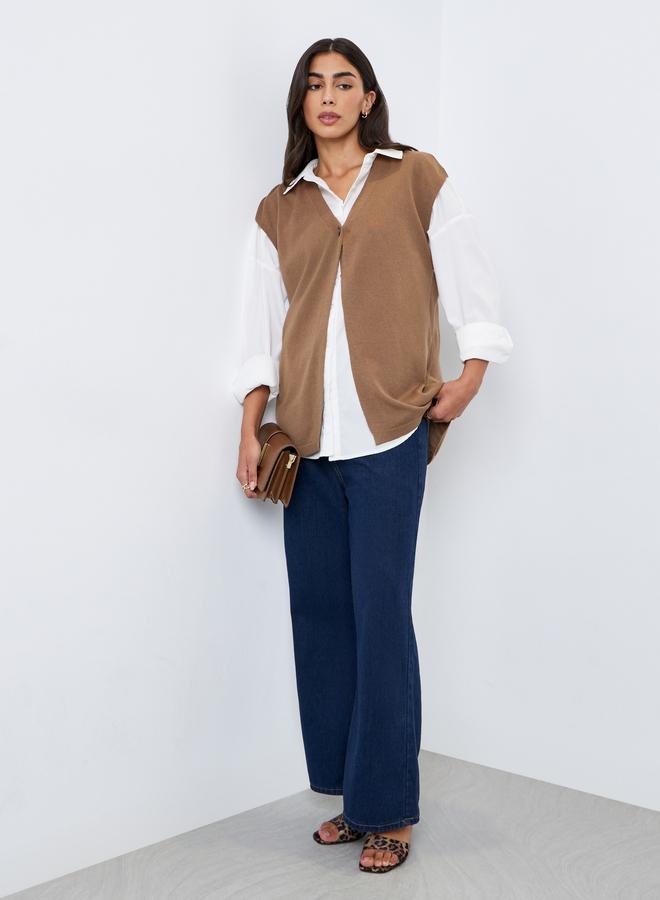 Styli Khaki Sleeveless Knit Top with Button - Image 2