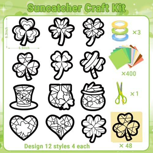 KOPOOEOE 48 Sets St. Patrick's Day Suncatchers Craft DIY Shamrock Tissue Paper Crafts Kits Irish Green Clover Hanging Decorations for Home Window Stained Glass Effect Art Supplies - Image 2