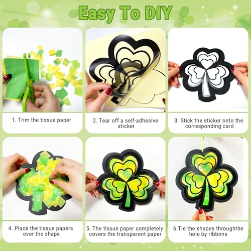 KOPOOEOE 48 Sets St. Patrick's Day Suncatchers Craft DIY Shamrock Tissue Paper Crafts Kits Irish Green Clover Hanging Decorations for Home Window Stained Glass Effect Art Supplies - Image 3