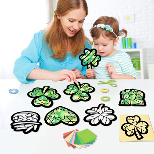 KOPOOEOE 48 Sets St. Patrick's Day Suncatchers Craft DIY Shamrock Tissue Paper Crafts Kits Irish Green Clover Hanging Decorations for Home Window Stained Glass Effect Art Supplies - Image 5