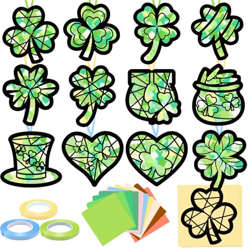 KOPOOEOE 48 Sets St. Patrick's Day Suncatchers Craft DIY Shamrock Tissue Paper Crafts Kits Irish Green Clover Hanging Decorations for Home Window Stained Glass Effect Art Supplies - Image 1