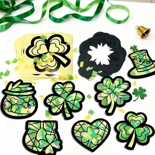 KOPOOEOE 48 Sets St. Patrick's Day Suncatchers Craft DIY Shamrock Tissue Paper Crafts Kits Irish Green Clover Hanging Decorations for Home Window Stained Glass Effect Art Supplies - Image 4
