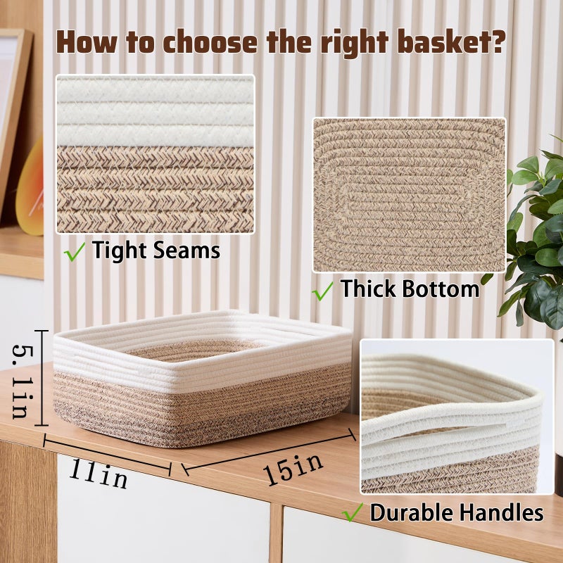MiniArk Large Shallow Organizing Baskets 15x11x5.1 Inches - Rope Woven Storage Bins for Bathroom, Shelves, Cube Closet, Gradient Brown 2 Packs - Image 2