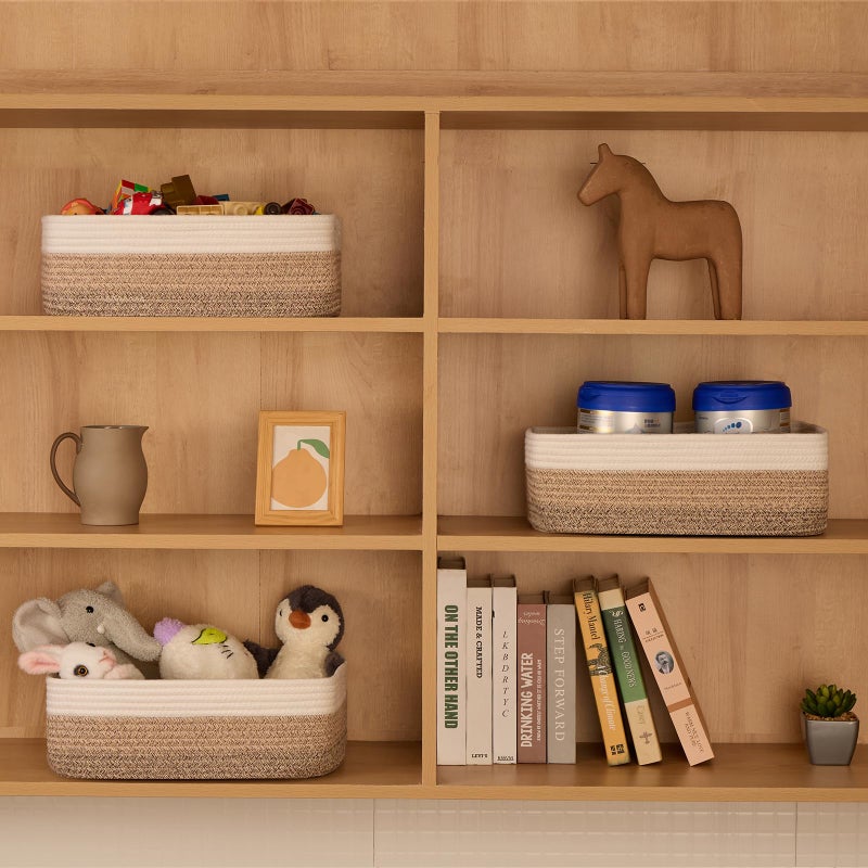 MiniArk Large Shallow Organizing Baskets 15x11x5.1 Inches - Rope Woven Storage Bins for Bathroom, Shelves, Cube Closet, Gradient Brown 2 Packs - Image 3