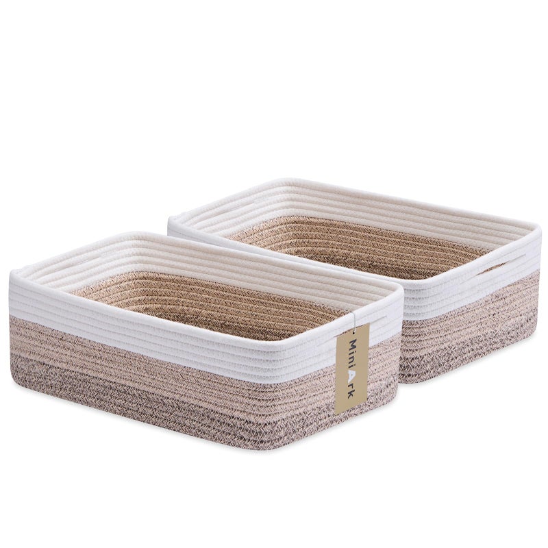 MiniArk Large Shallow Organizing Baskets 15x11x5.1 Inches - Rope Woven Storage Bins for Bathroom, Shelves, Cube Closet, Gradient Brown 2 Packs - Image 1