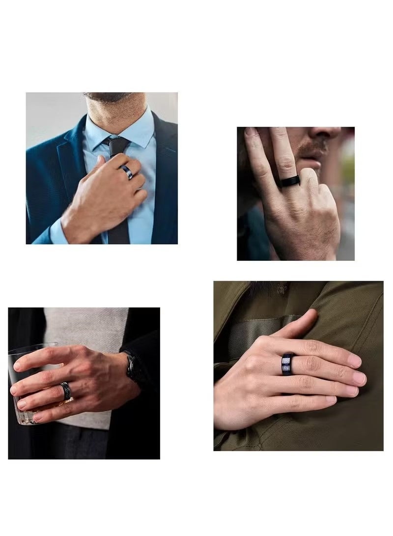 Men 3 Piece Ring Set Black Stainless Steel Band Rings with Chain Blue Pattern Detail Versatile Daily Wear Jewelry Stackable Spinner Rings for Stress Relief（Size：US 10） - Image 5