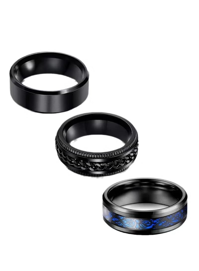 Men 3 Piece Ring Set Black Stainless Steel Band Rings with Chain Blue Pattern Detail Versatile Daily Wear Jewelry Stackable Spinner Rings for Stress Relief（Size：US 10） - Image 2