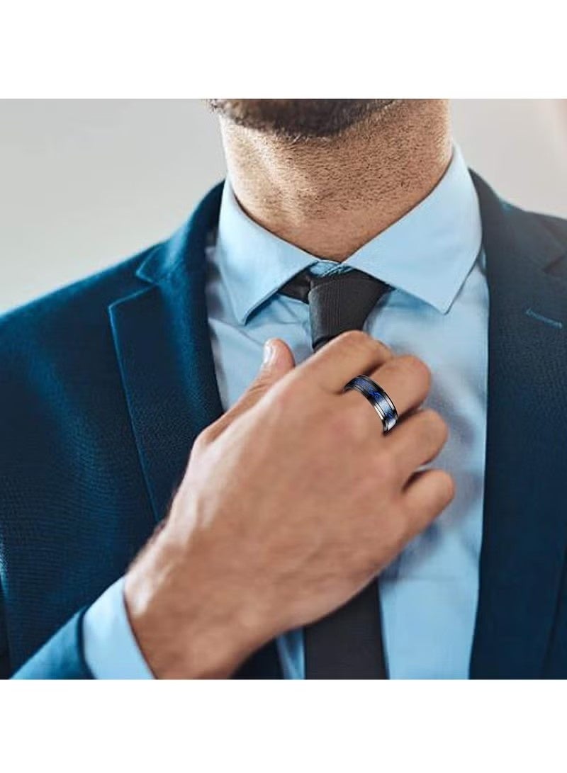 Men 3 Piece Ring Set Black Stainless Steel Band Rings with Chain Blue Pattern Detail Versatile Daily Wear Jewelry Stackable Spinner Rings for Stress Relief（Size：US 10） - Image 4
