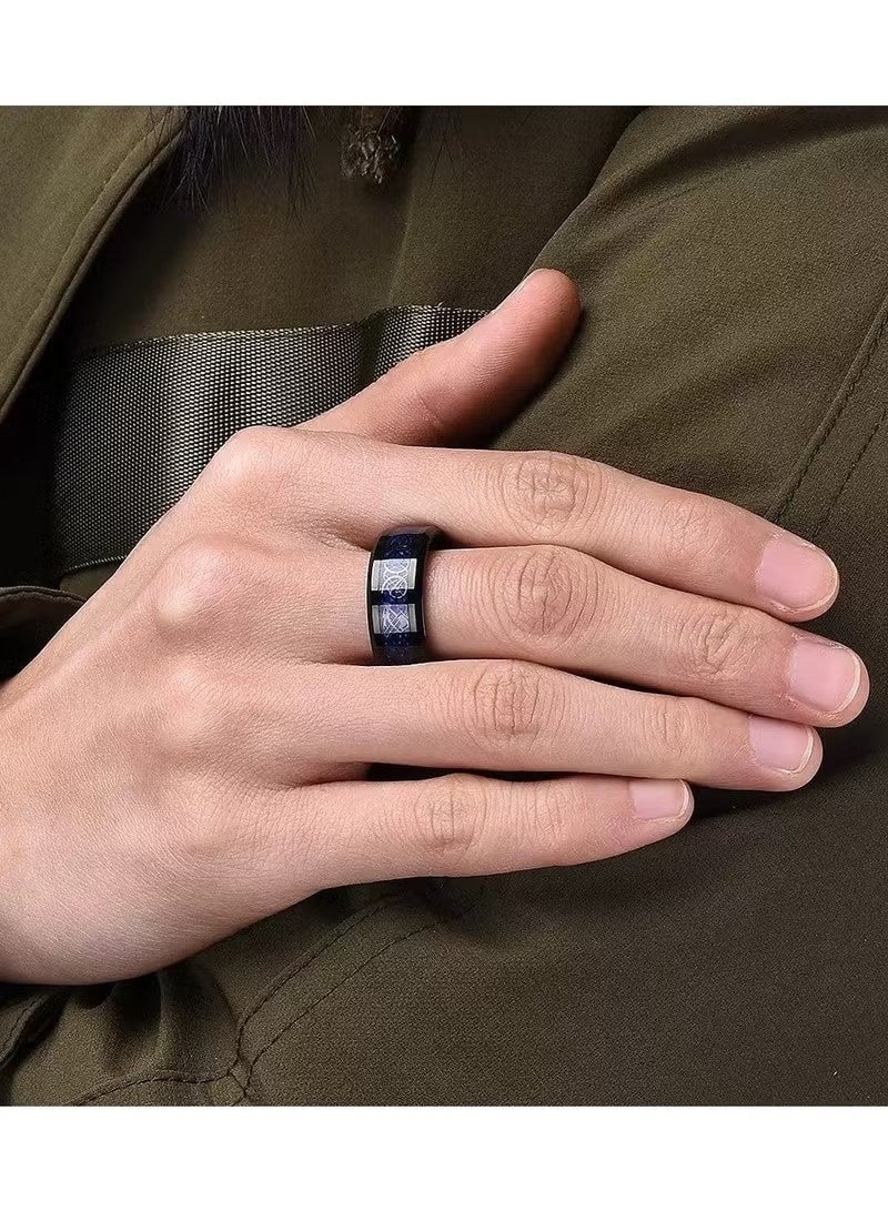 Men 3 Piece Ring Set Black Stainless Steel Band Rings with Chain Blue Pattern Detail Versatile Daily Wear Jewelry Stackable Spinner Rings for Stress Relief（Size：US 10） - Image 3
