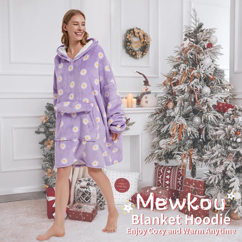Mewkou هودي بطانية قابلة للارتداء للبالغين، هودي بطانية شيربا فليس بحجم كبير للنساء والرجال، ديزي - Image 4