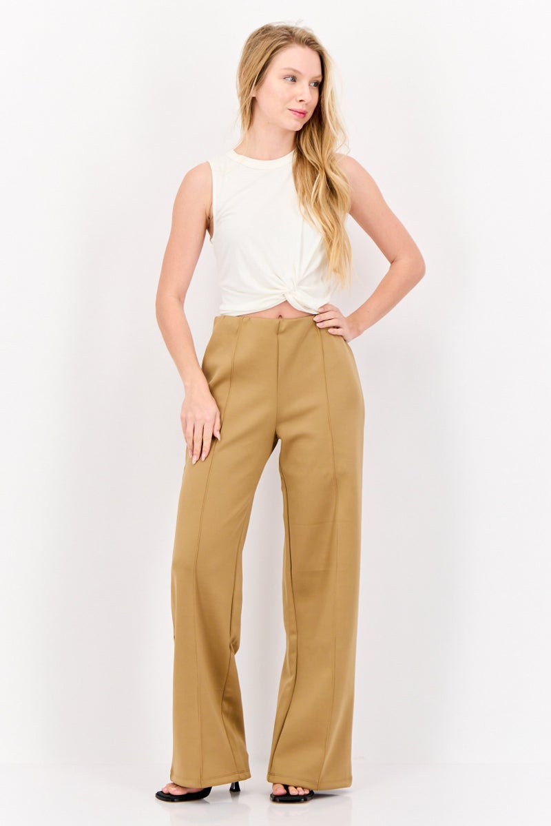 Lefties Women Plain  Straight Leg Pants, Khaki  - Image 2