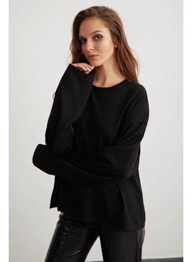 Grimelange Basıl Women's 100% Cotton Crew Neck Oversized Fit Long Sleeve Black T‑shirt.