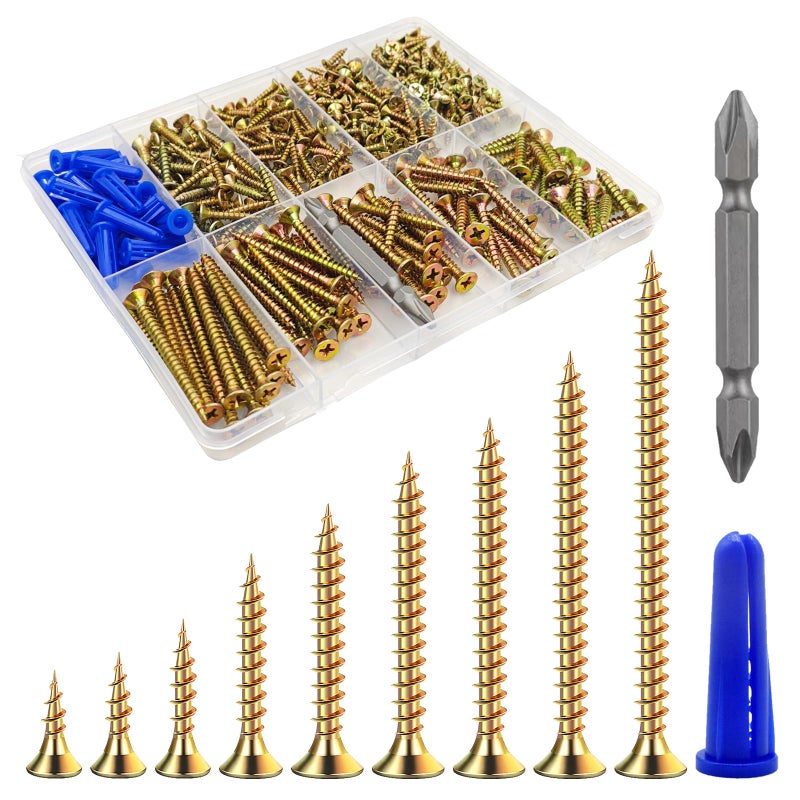 Wensilon (385PCS) Flat Head Yellow zinc Wood Screws, Quick Metal self Tapping Flat Head, Equipped with Dry Wall Plastic Anchor kit. - Image 1