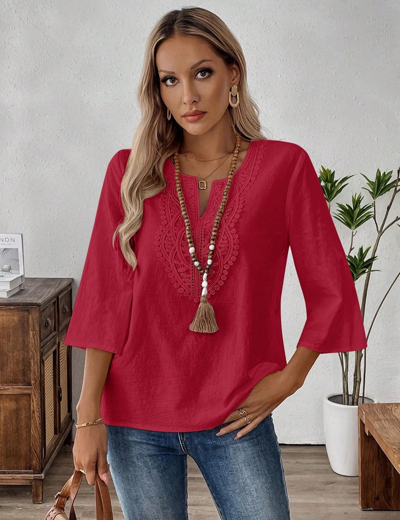 LOMON Women's 3/4 Sleeve Blouses Cotton Linen Lace Tops V Neck Loose T-Shirt Trendy Boho Vacation Clothes Brick Red - Image 3