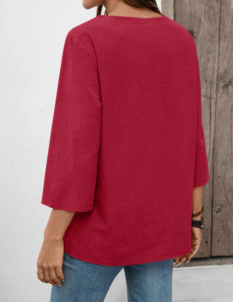 LOMON Women's 3/4 Sleeve Blouses Cotton Linen Lace Tops V Neck Loose T-Shirt Trendy Boho Vacation Clothes Brick Red - Image 4