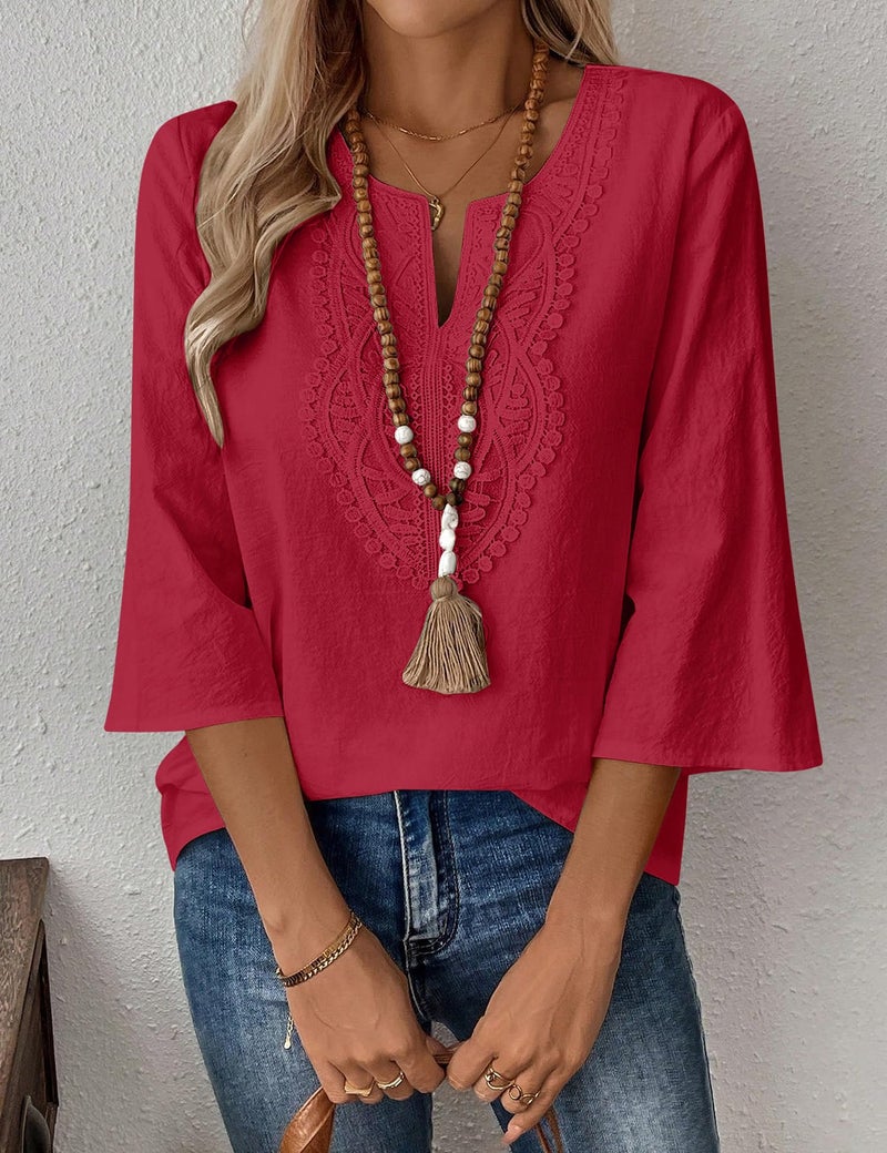 LOMON Women's 3/4 Sleeve Blouses Cotton Linen Lace Tops V Neck Loose T-Shirt Trendy Boho Vacation Clothes Brick Red - Image 2