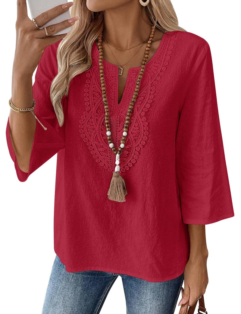 LOMON Women's 3/4 Sleeve Blouses Cotton Linen Lace Tops V Neck Loose T-Shirt Trendy Boho Vacation Clothes Brick Red - Image 1