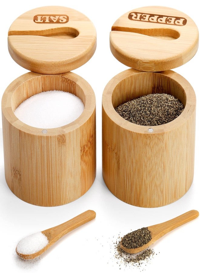 Lawei 2 Pack Bamboo Salt and Pepper Bowls, Round Salt Container with Magnetic Swivel Lids and Spoons, Bamboo Salt Cellars, Seasoning Storage Holder Box for Salt, Pepper, Sugar, Spice - Image 1