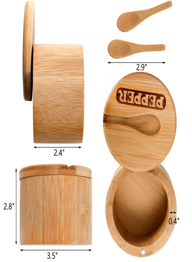 Lawei 2 Pack Bamboo Salt and Pepper Bowls, Round Salt Container with Magnetic Swivel Lids and Spoons, Bamboo Salt Cellars, Seasoning Storage Holder Box for Salt, Pepper, Sugar, Spice - Image 2