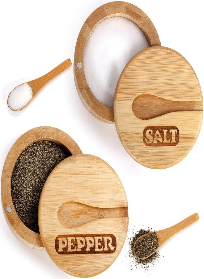Lawei 2 Pack Bamboo Salt and Pepper Bowls, Round Salt Container with Magnetic Swivel Lids and Spoons, Bamboo Salt Cellars, Seasoning Storage Holder Box for Salt, Pepper, Sugar, Spice - Image 3