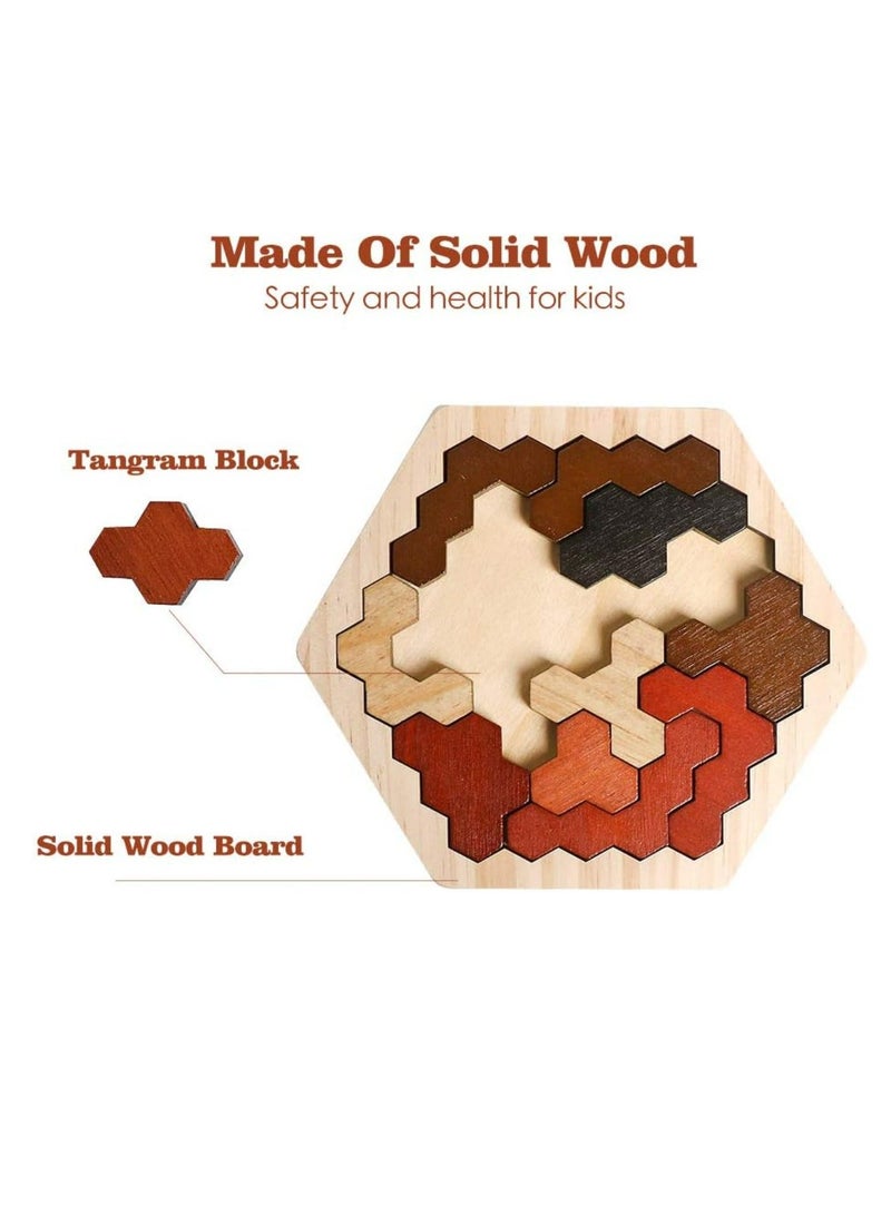 Wooden Hexagon Puzzle for Kid Adults, Colorful Shape Pattern Block Tangram Brain Teaser Toy Geometry Logic IQ Game STEM Montessori Educational Gift for All Ages Challenge Children - Image 2
