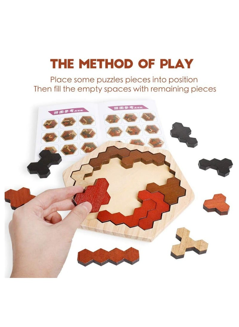 Wooden Hexagon Puzzle for Kid Adults, Colorful Shape Pattern Block Tangram Brain Teaser Toy Geometry Logic IQ Game STEM Montessori Educational Gift for All Ages Challenge Children - Image 3