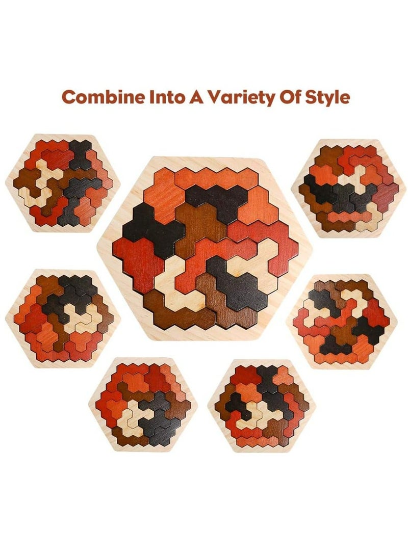 Wooden Hexagon Puzzle for Kid Adults, Colorful Shape Pattern Block Tangram Brain Teaser Toy Geometry Logic IQ Game STEM Montessori Educational Gift for All Ages Challenge Children - Image 4