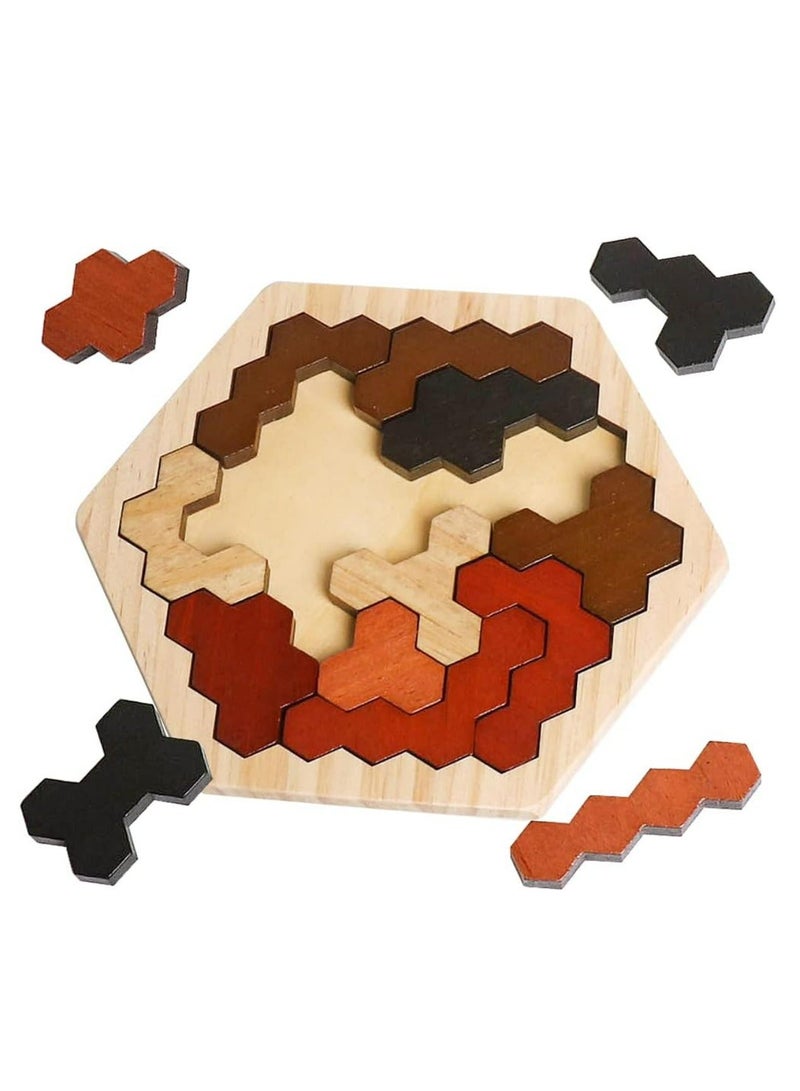 Wooden Hexagon Puzzle for Kid Adults, Colorful Shape Pattern Block Tangram Brain Teaser Toy Geometry Logic IQ Game STEM Montessori Educational Gift for All Ages Challenge Children - Image 1