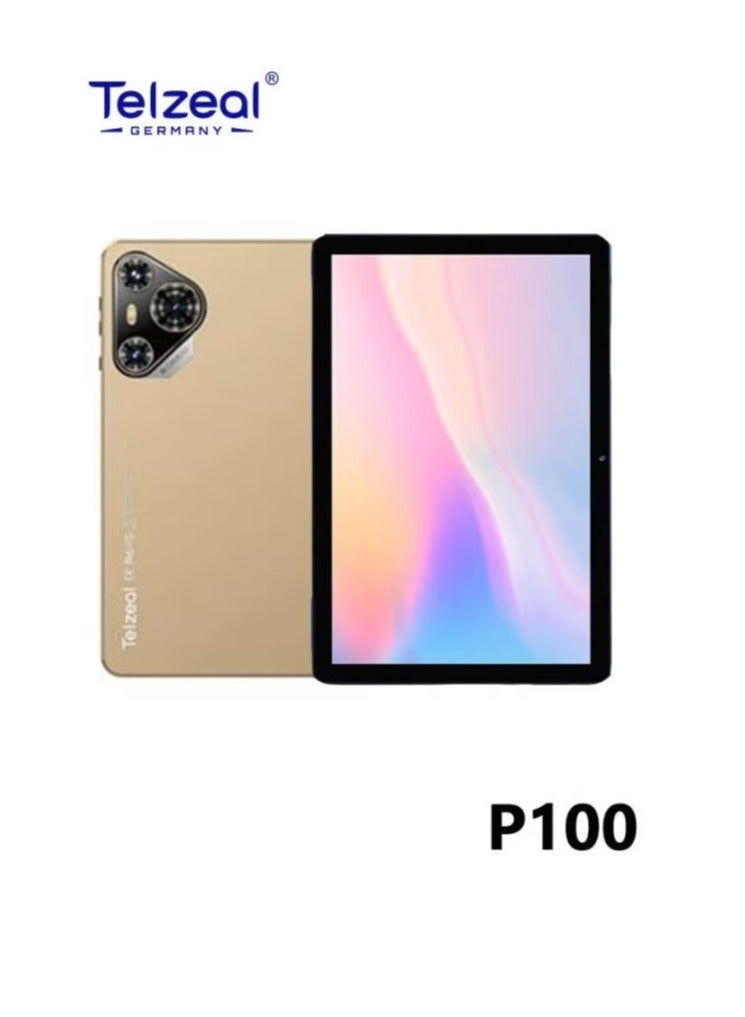 تلزيل P100 10.1-Inch Android 13 Tablet with 5G WiFi, Dual SIM, 8GB RAM, 512GB ROM, 8000mAh Battery, Wireless Keyboard & Mouse, Dual Camera, Slim Metal Body – Gold - Image 1