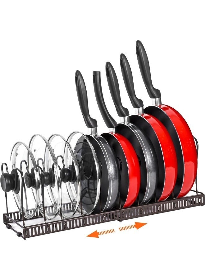 Arabest رف أواني قابل للتوسيع، منظم مقالي للخزائن، حامل أغطية الأواني مع 10 أقسام قابلة للتعديل لخزائن المطبخ، أدوات الطهي، الخبز، رف القلي، 58*18*18 سم - Image 1