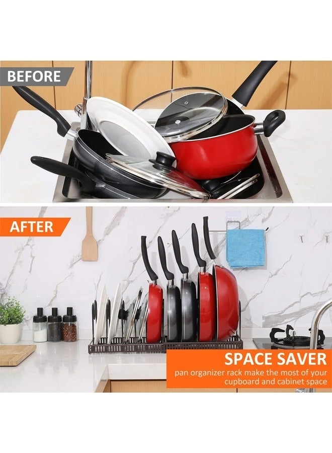 Arabest رف أواني قابل للتوسيع، منظم مقالي للخزائن، حامل أغطية الأواني مع 10 أقسام قابلة للتعديل لخزائن المطبخ، أدوات الطهي، الخبز، رف القلي، 58*18*18 سم - Image 2