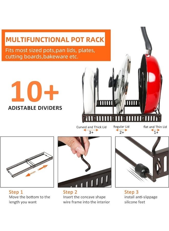 Arabest رف أواني قابل للتوسيع، منظم مقالي للخزائن، حامل أغطية الأواني مع 10 أقسام قابلة للتعديل لخزائن المطبخ، أدوات الطهي، الخبز، رف القلي، 58*18*18 سم - Image 4