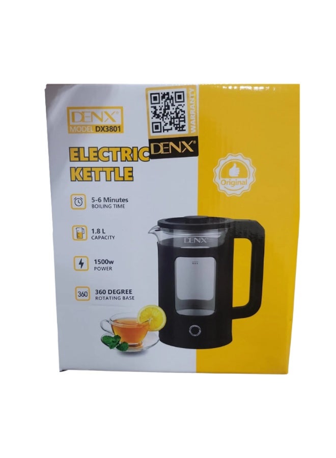 Denx DX3801 DENX 1.8L Glass Electric Kettle with Blue LED Indicator, 1500W Rapid Boil Water Kettle, Auto Shut-Off for Dry-Dry Protection, BPA Free - Image 3