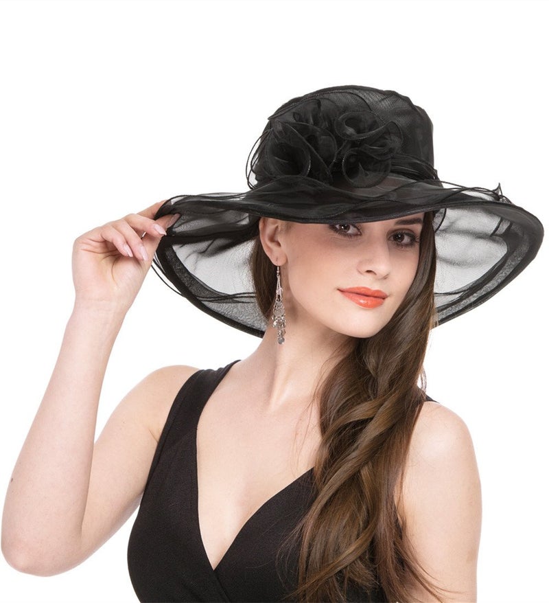 SAFERINÂ®Classy Sun Hat for Women Ladies Girls, Organza Feather Fascinator for Tea Party Church UV ProtectionBlack - Image 3
