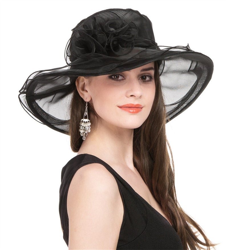 SAFERINÂ®Classy Sun Hat for Women Ladies Girls, Organza Feather Fascinator for Tea Party Church UV ProtectionBlack - Image 2