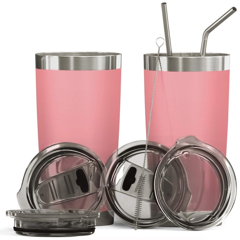 BluePeak BluePeak Double Wall Stainless Steel Vacuum Insulated Tumbler Set 2Pack Includes Sipping Lids SpillProof Sliding Lids Straws Cleaning Brush  Gift Box 20oz Pink 