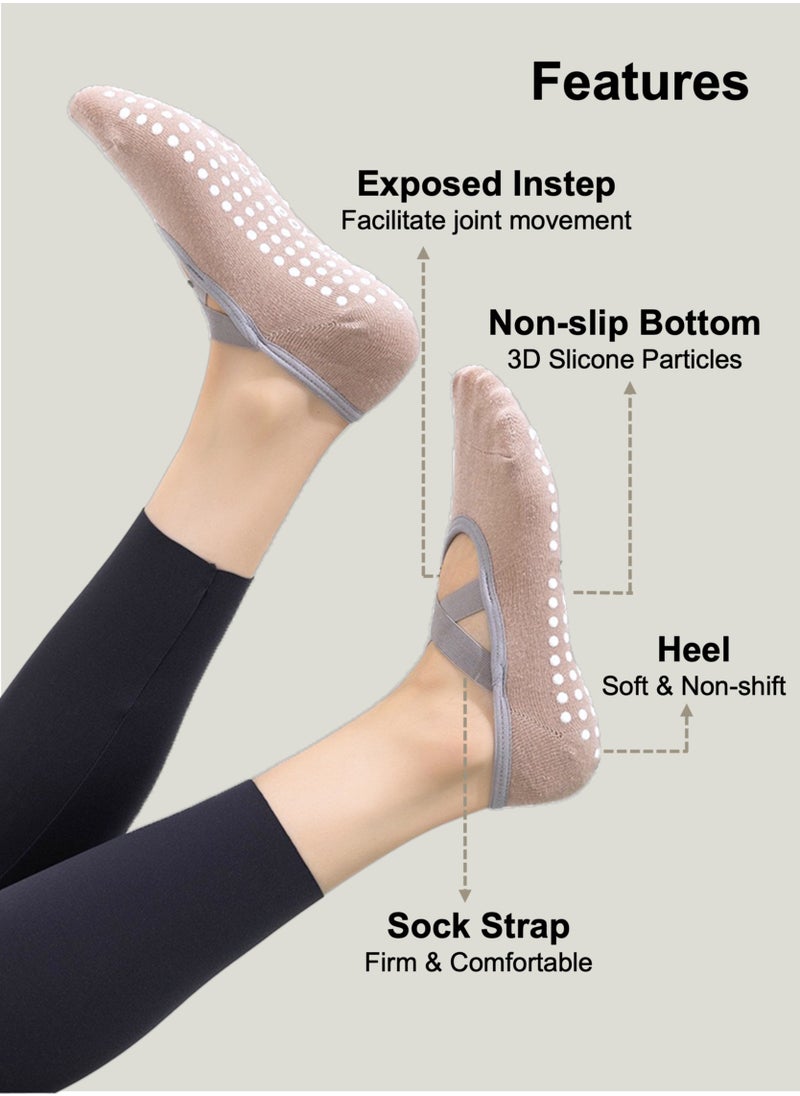 YooA 3-Pair Non-slip Yoga Socks, Cotton Pilates Socks with Straps, Breathable&Moisture-wicking&Machine-washable, Ideal for Yoga/Pilates/Ballet/Dance/Workout (Khaki+Black+Grey, Fit Size 36-42)  - Image 2