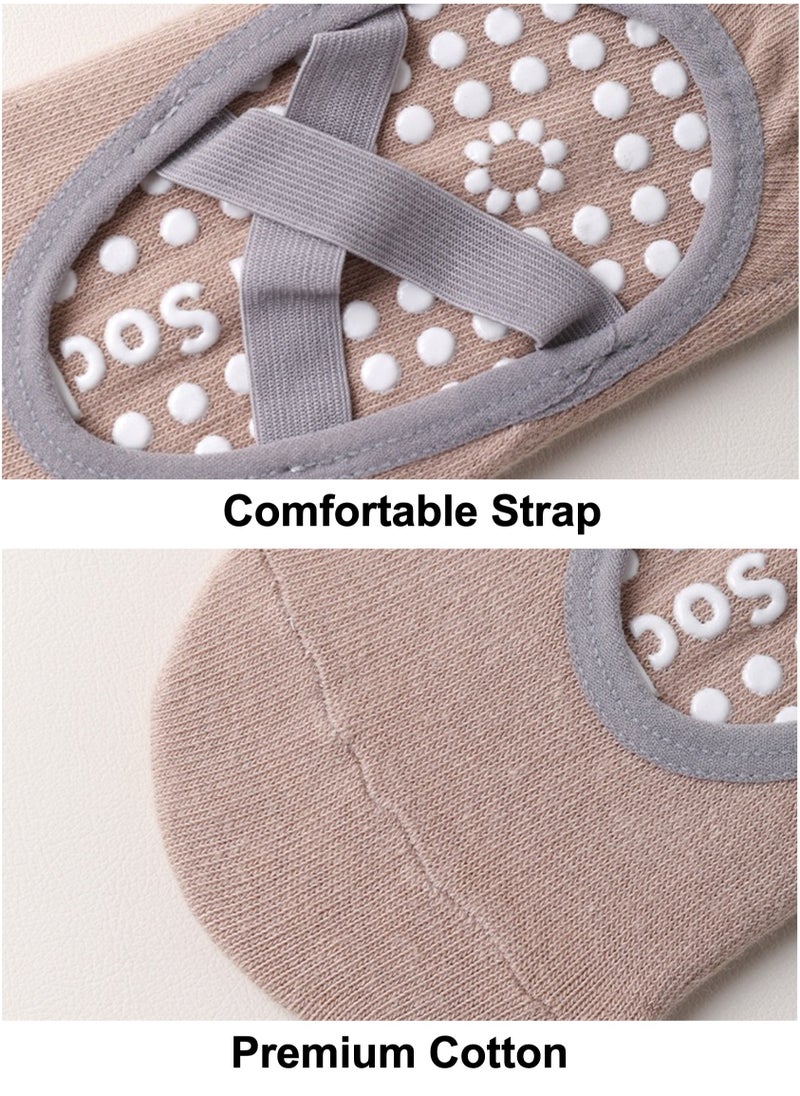 YooA 3-Pair Non-slip Yoga Socks, Cotton Pilates Socks with Straps, Breathable&Moisture-wicking&Machine-washable, Ideal for Yoga/Pilates/Ballet/Dance/Workout (Khaki+Black+Grey, Fit Size 36-42)  - Image 5