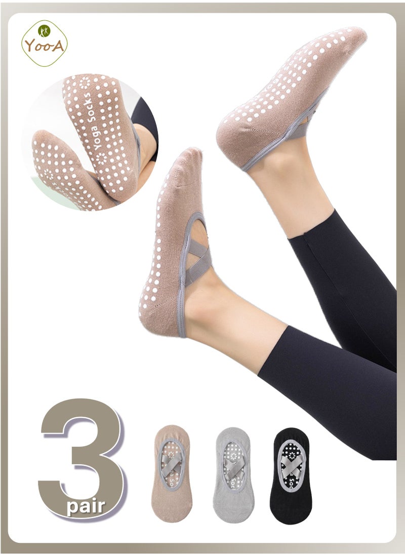 YooA 3-Pair Non-slip Yoga Socks, Cotton Pilates Socks with Straps, Breathable&Moisture-wicking&Machine-washable, Ideal for Yoga/Pilates/Ballet/Dance/Workout (Khaki+Black+Grey, Fit Size 36-42)  - Image 1