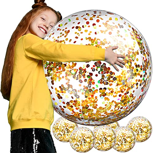 Civaner 6 Pcs Summer Gold Inflatable Glitter Beach Balls 24 Inch Large Sparkly Confetti Swimming Pool Balls Sequins Clear Floatable Blow up Balloon Toys for Wedding Baby Shower Birthday Party Favor - Image 1