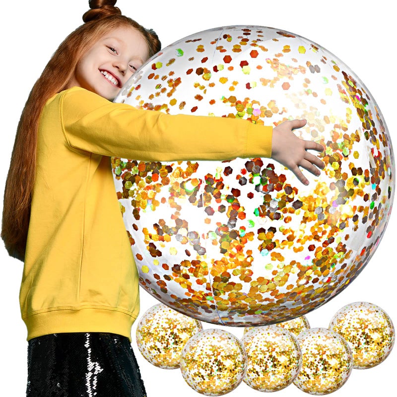 Civaner 6 Pcs Summer Gold Inflatable Glitter Beach Balls 24 Inch Large Sparkly Confetti Swimming Pool Balls Sequins Clear Floatable Blow up Balloon Toys for Wedding Baby Shower Birthday Party Favor - Image 3