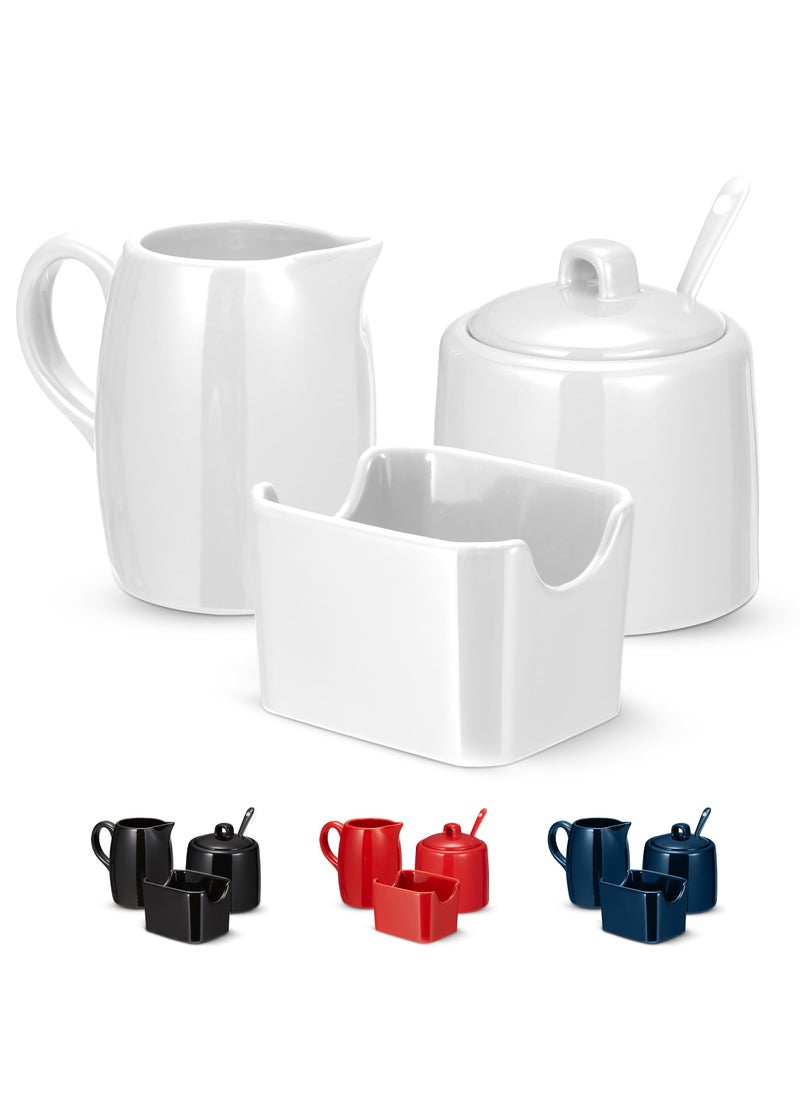 Kook KooK Sugar and Creamer Set 3 Piece Pitcher Sugar Bowl with Lid and Spoon Sweetener Holder White 