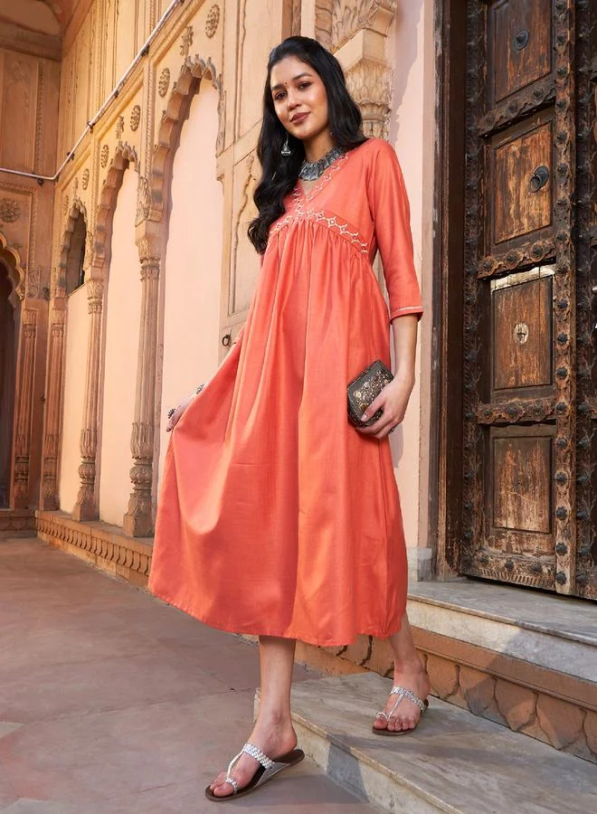 ساسافراس Embroidered A-Line Kurta Midi Dress by Styli