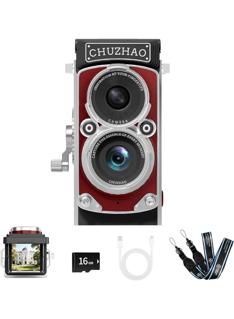 تشو تشاو كاميرا تشوزاو الرقمية الصغيرة الكلاسيكية، محمولة بتصميم TLR، سهلة الاستخدام، صغيرة الحجم، تدعم تصوير فيديو عالي الدقة 1080P، بدقة 12 ميجابكسل مع ضبط تلقائي للصورة، مزودة ببطاقة ذاكرة 16 جيجابايت، مناسبة للمبتدئين والمراهقين والبالغين، لون أحمر - Image 1
