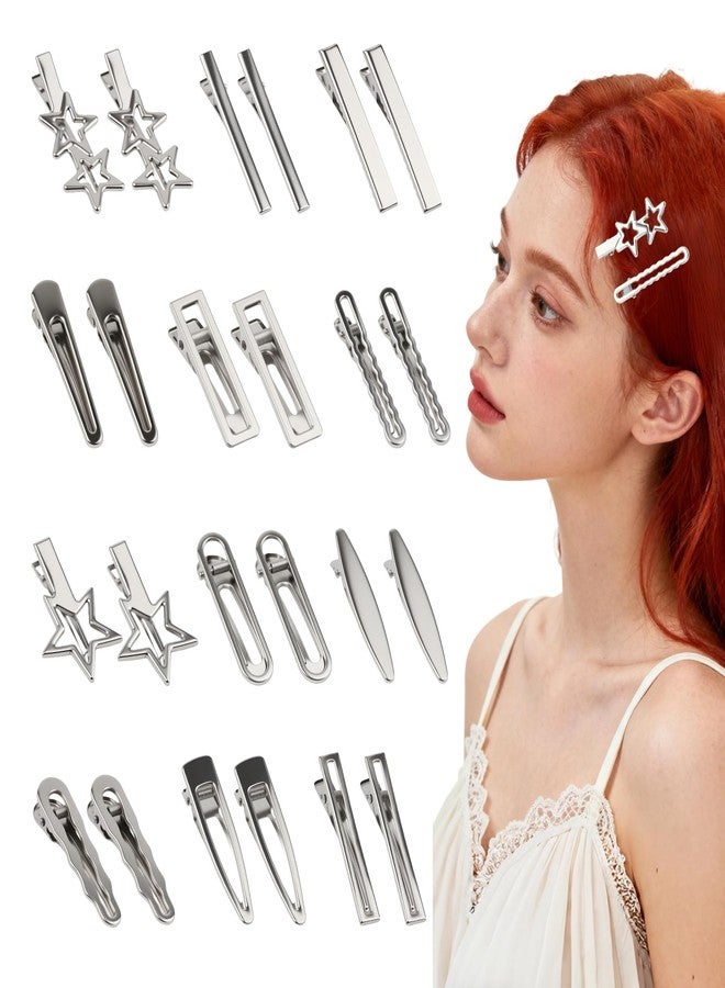 LUSTRIB 24 Pcs Silver Hair Clips for Women, 12 Styles Metal Hair Barrettes with Wave & Star Designs, Y2K Style Alligator Clips for Hair Styling & Decoration - Image 1