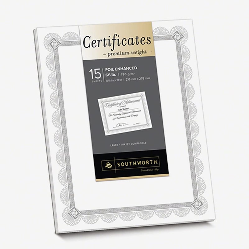Southworth PremiumWeight Foil Certificates 8 12 x 11 WhiteSilver Foil Spiro Pack Of 15 - Image 1