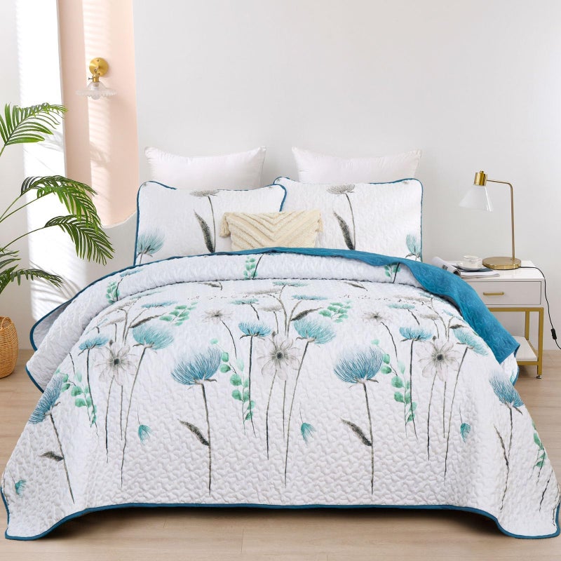 Dinjoy Floral Quilt Set Queen Size,Teal Bedspread Coverlet Botanical 3 Pieces Summer Quilts Microfiber Lightweight Blue Bedspreads White Soft Reversible Cute Bed Cover Sets for Fall Winter (96"x90") - Image 1