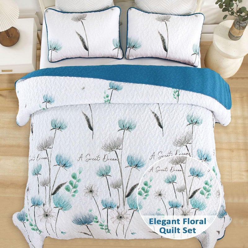 Dinjoy Floral Quilt Set Queen Size,Teal Bedspread Coverlet Botanical 3 Pieces Summer Quilts Microfiber Lightweight Blue Bedspreads White Soft Reversible Cute Bed Cover Sets for Fall Winter (96"x90") - Image 2