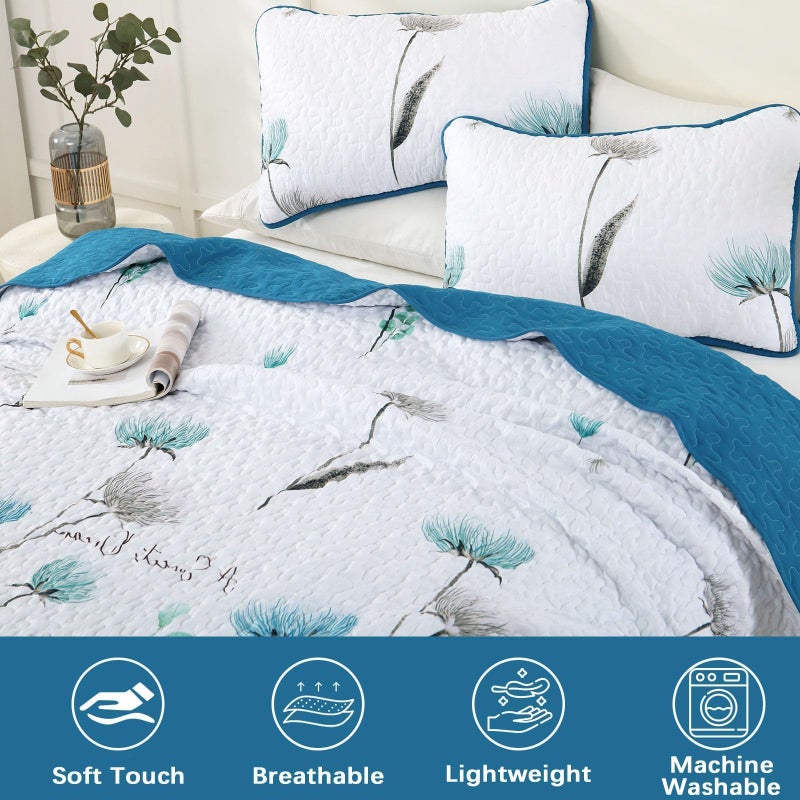 Dinjoy Floral Quilt Set Queen Size,Teal Bedspread Coverlet Botanical 3 Pieces Summer Quilts Microfiber Lightweight Blue Bedspreads White Soft Reversible Cute Bed Cover Sets for Fall Winter (96"x90") - Image 3